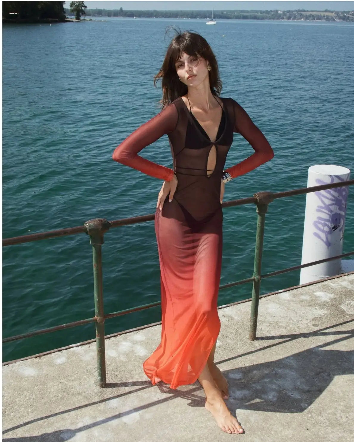 VEITCHE Fashion Women Vacation Style Beach Long Dress Contrast Color Gradient Perspective Hollow Slit 2025 Summer Maxi Dresses