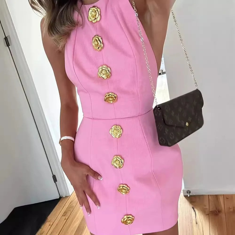 Sexy Cut Out Rose Button Halter Mini Dress Women Fashion Sleeveless Backless Party Dresses 2025 Summer Elegant Female Vestidos