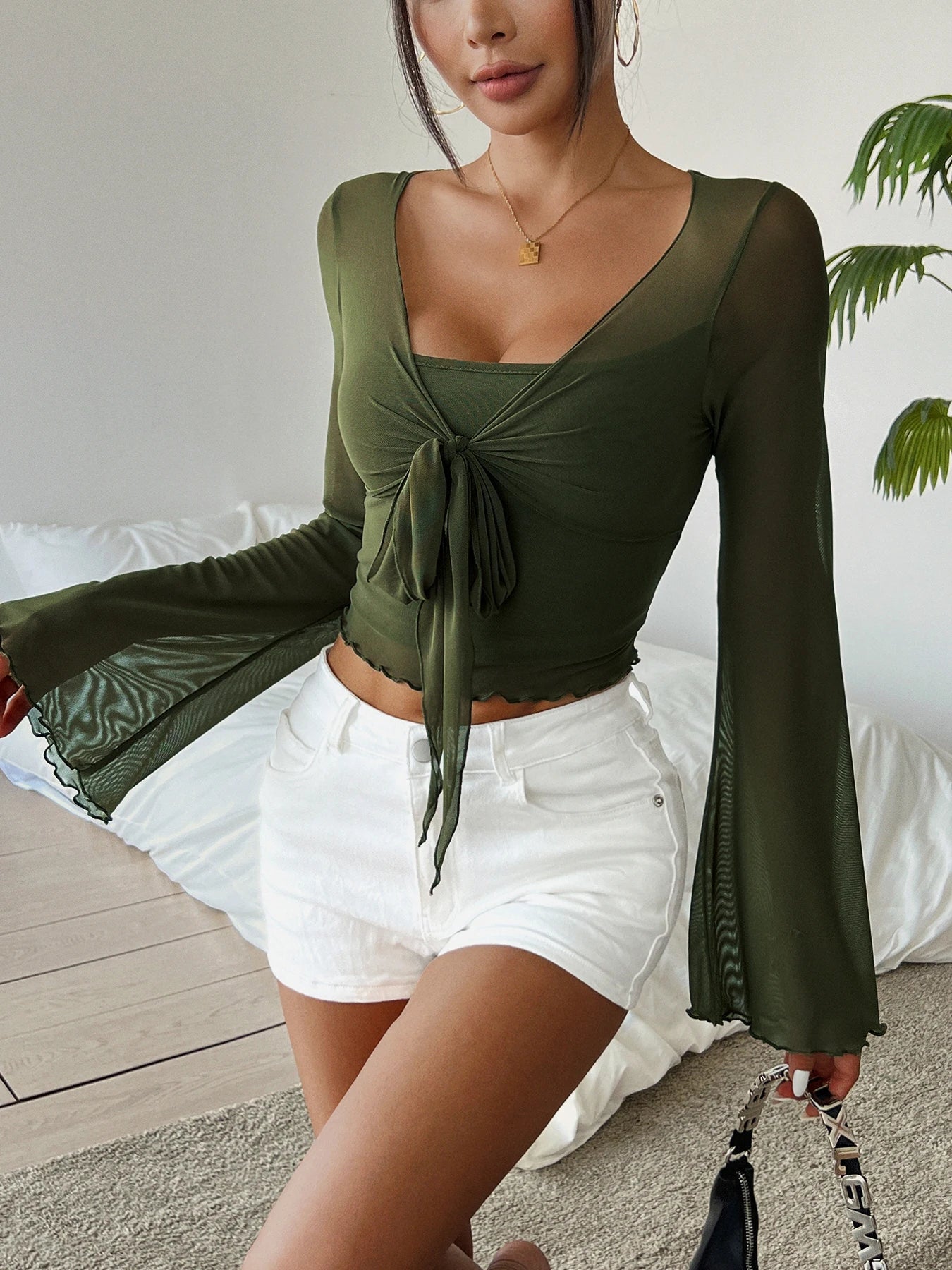 Solid Color V-neck Ruched T-Shirt Elegant Flare Sleeve Tie Front T-Shirt For Spring  Fall Women's Clothing
