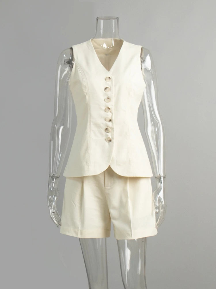 2025 Summer Fashion Two-piece Set Casual Cotton Linen Vest Shorts Set Women Single Breasted V-neck Tops High Waist Short Pants