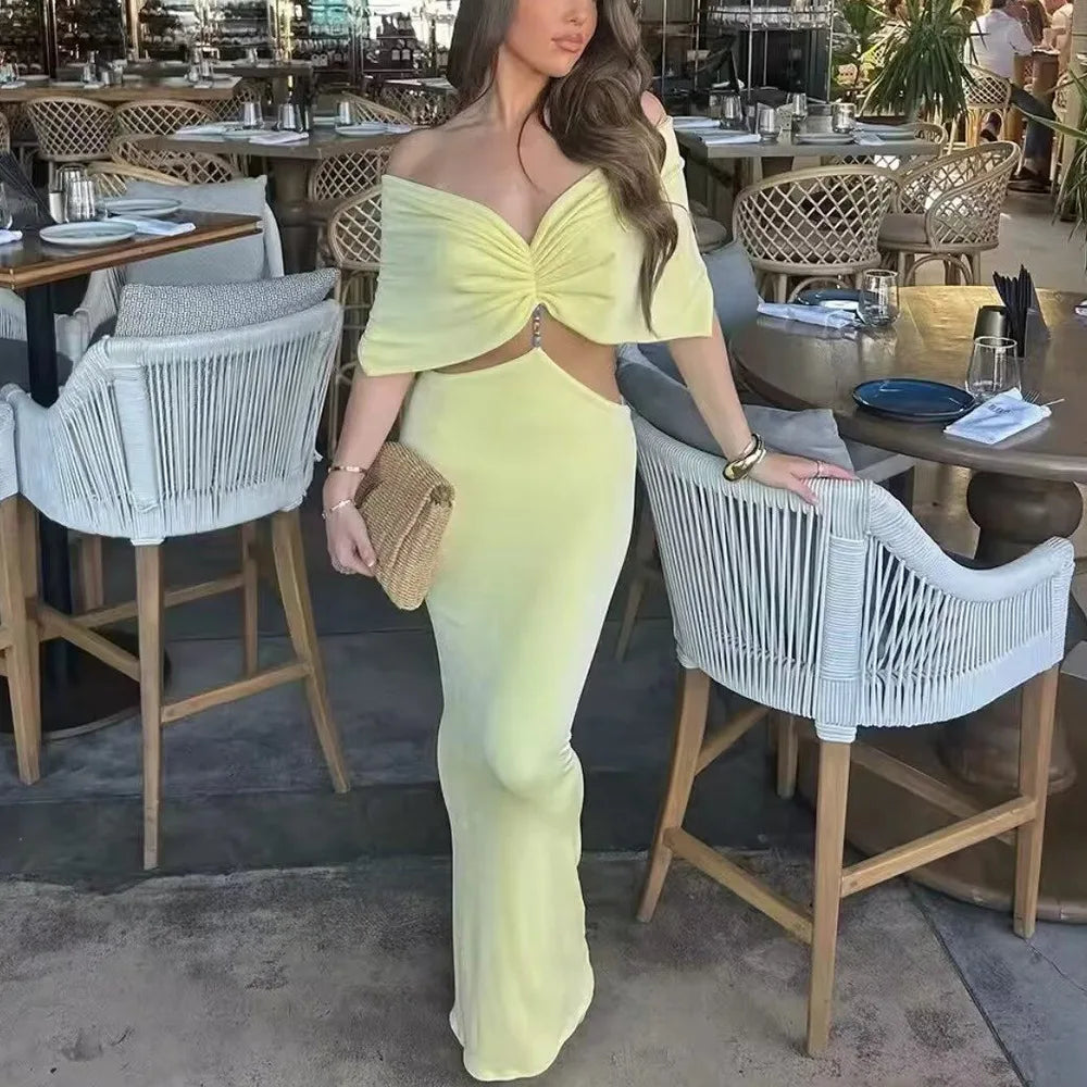 VEITCHE Summer Women Sexy Hollow Out Butter Yellow Long Dress V-neck Backless Beaded decoration Vestidos Female Vacation Robes