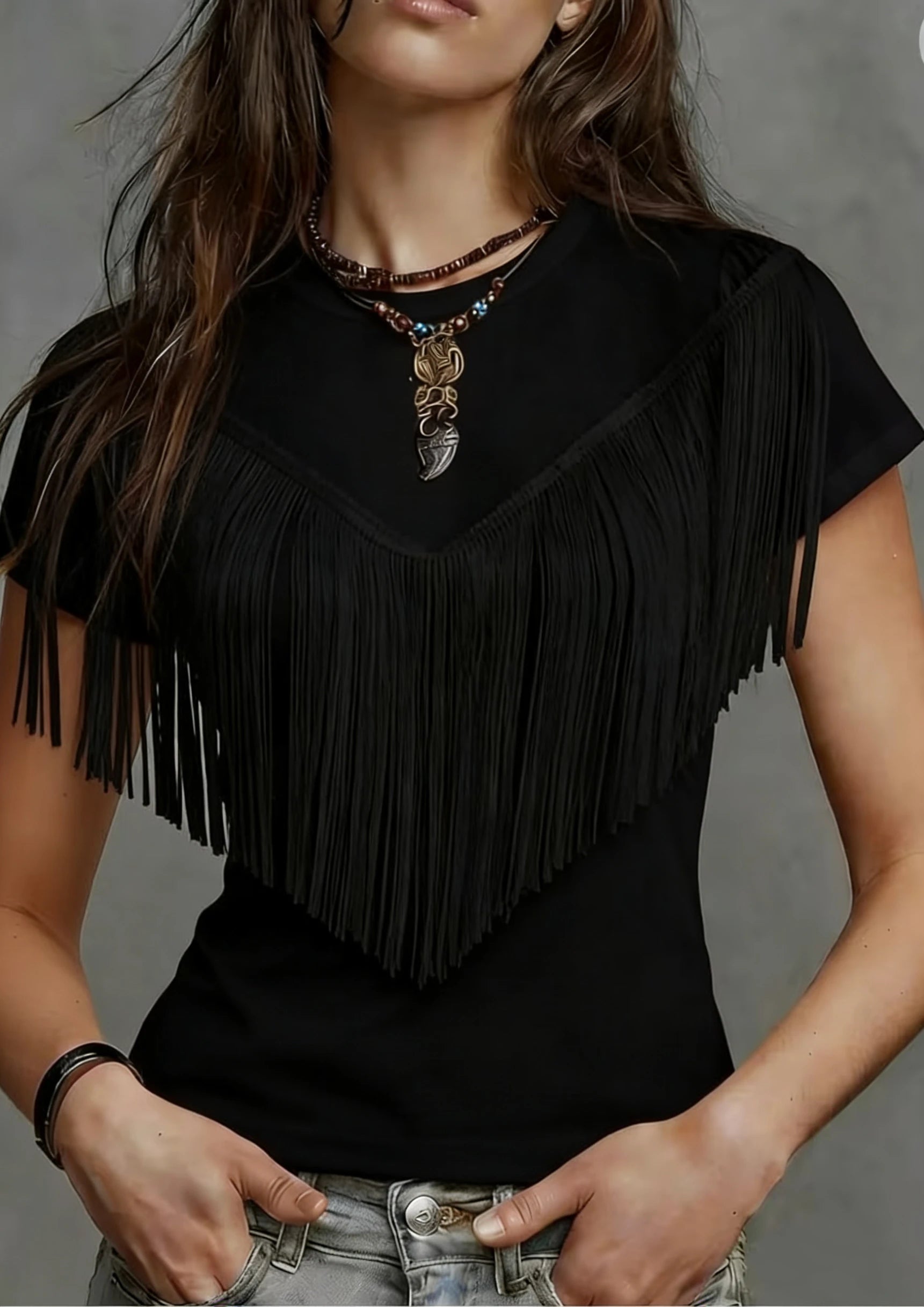 New Women's round Neck Solid Color Tassel Design Short Sleeve T-Shirt Fashionable Ladies' Top