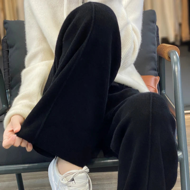 New Women Autumn Winter Wide-Leg Pants 100% Merino Wool High Waist Trousers High Quality Soft Casual Straight Leg Slacks Popular