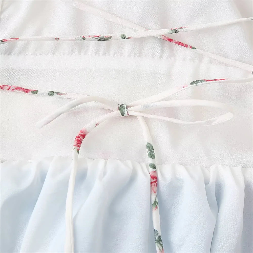 VEITCHE Spring Summer French Sweet Print Backless Strappy Halter Neck Long Dress Women Lace Stitching Holiday Women Maxi Dress