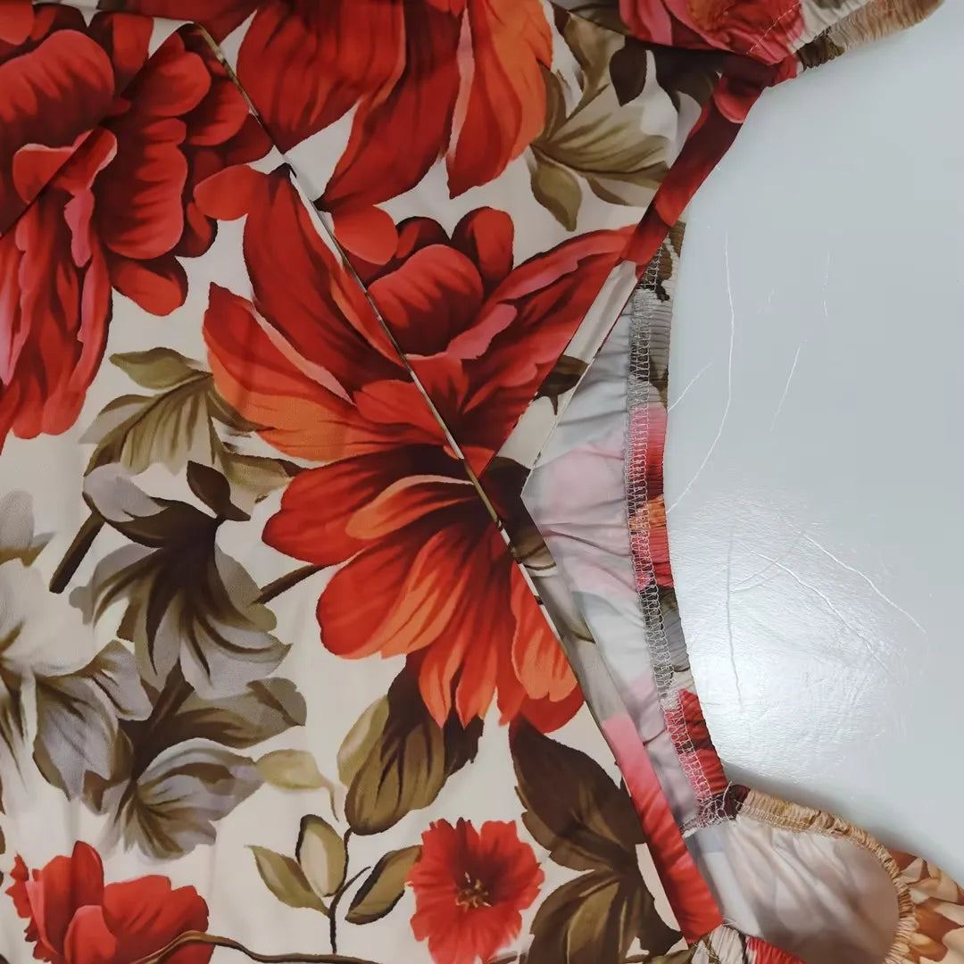 VEITCHE Summer Women Dresses Full Sleeve V Neck Print Floral Dress Loose Casual Floor Length Vestidos Spliced Bohemian Robe