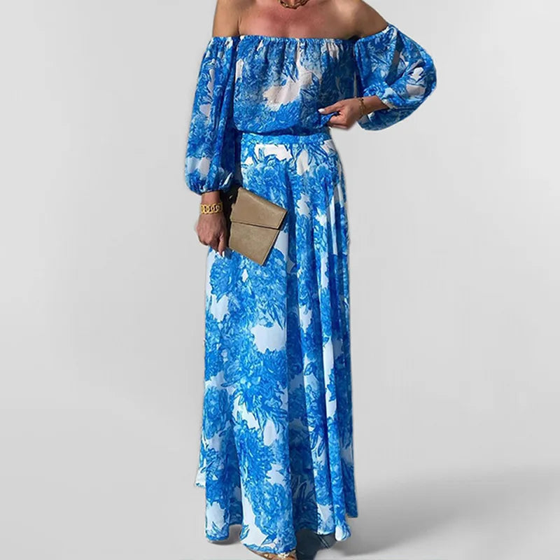VEITCHE Summer Sexy Off Shoulder Women Long Dress Vacation Style Blue Printed High Waist Bubble Sleeve Sexy Maxi Dresses