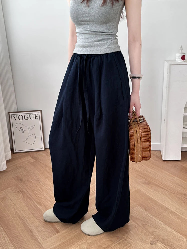 Linen pants with hem, wide-leg pants, women's summer thin, high-waisted, loose, drape, laid-back style Yamamoto pants