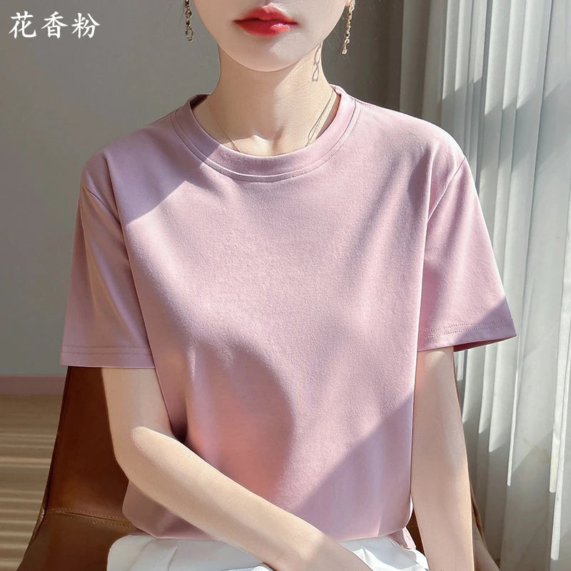 Summer Round Neck Cotton Short-Sleeved Women's T-Shirt Loose Pure Casual Top Mercerized Cotton Bottoming Shirt
