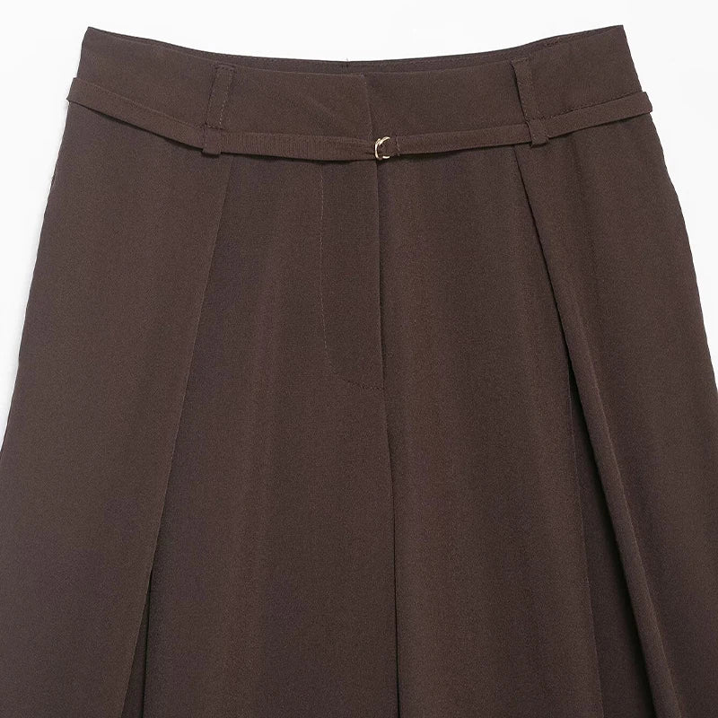 Willshela Women Fashion With Belt Coffee Front Zipper Pleated Wide Leg Pants Vintage Mid Waist Full Length Female Chic Trousers