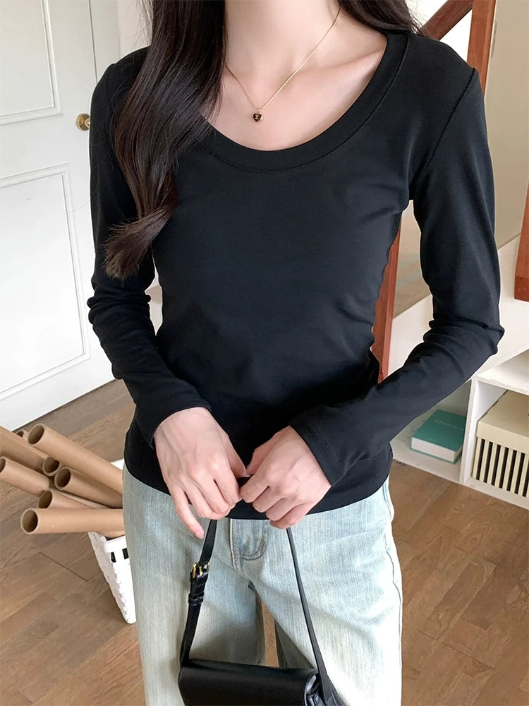 U Neck Long Sleeve T-Shirt Women Autumn Winter New Cotton Slim Casual Top Basic Solid Bottom Shirts Korean