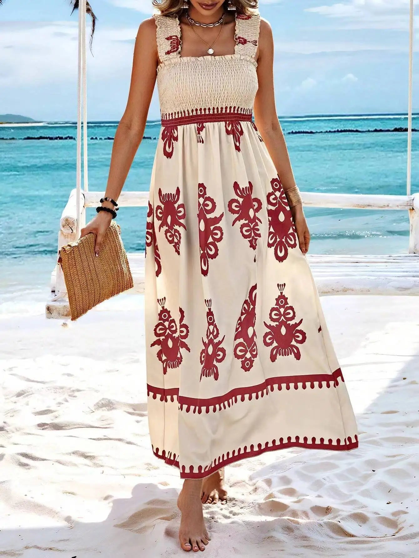 VEITCHE Summer Vacation Style Women Dress Fashionable Printed Sexy Sleeveless Strap Casual Comfortable Beach Long Sundress