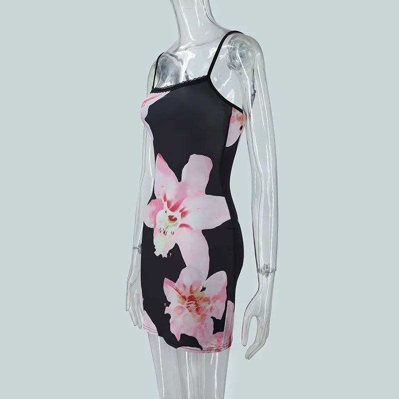 Women Summer Sexy Party Mini Dress Fashion Flower Print Sleeveless Backless Bodycon Simple Dresses Casual Club Elegant  Dress