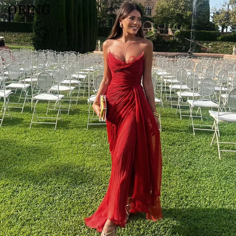 OEING Charming Red Mermaid Prom Dress V-Neck Sleeveless Draped Pleats Lace Evening Dresses 2025 فساتين سهرة Customized