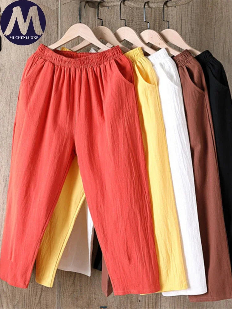 Summer Solid High-Waisted Elastic Waist Pants for Women Korean Fashion Casual Loose Haren Streetwear