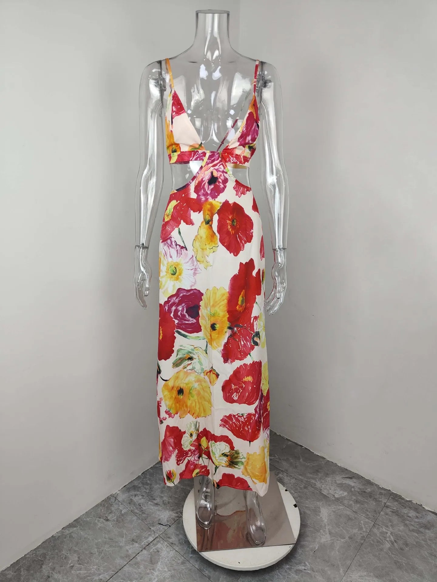 VEITCHE Summer Women Sexy V Neck Floral Print Maxi Dresses Elegant Sleeveless Backless Waist Hollow Out Vestidos Lady Club Party