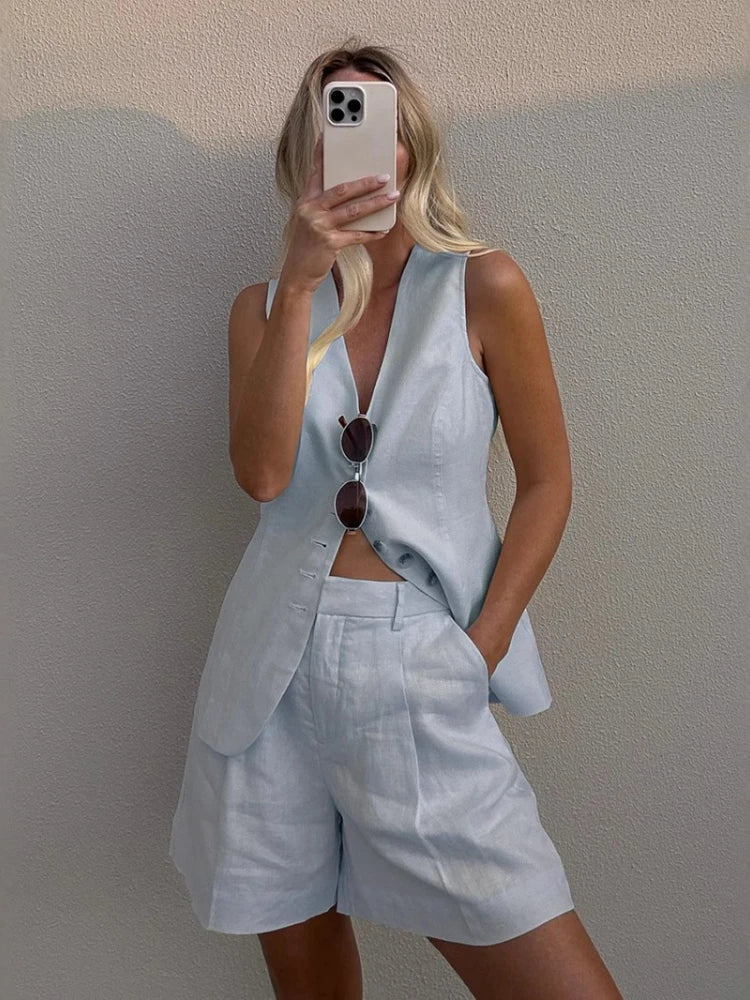 2025 Summer Fashion Two-piece Set Casual Cotton Linen Vest Shorts Set Women Single Breasted V-neck Tops High Waist Short Pants