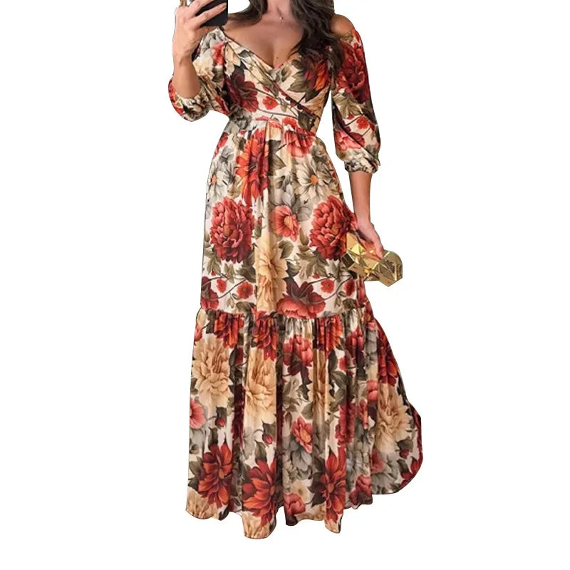 VEITCHE Summer Women Dresses Full Sleeve V Neck Print Floral Dress Loose Casual Floor Length Vestidos Spliced Bohemian Robe