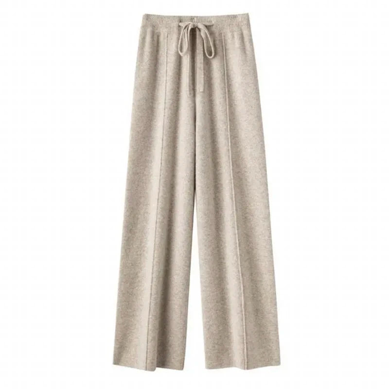 New Women Autumn Winter Wide-Leg Pants 100% Merino Wool High Waist Trousers High Quality Soft Casual Straight Leg Slacks Popular