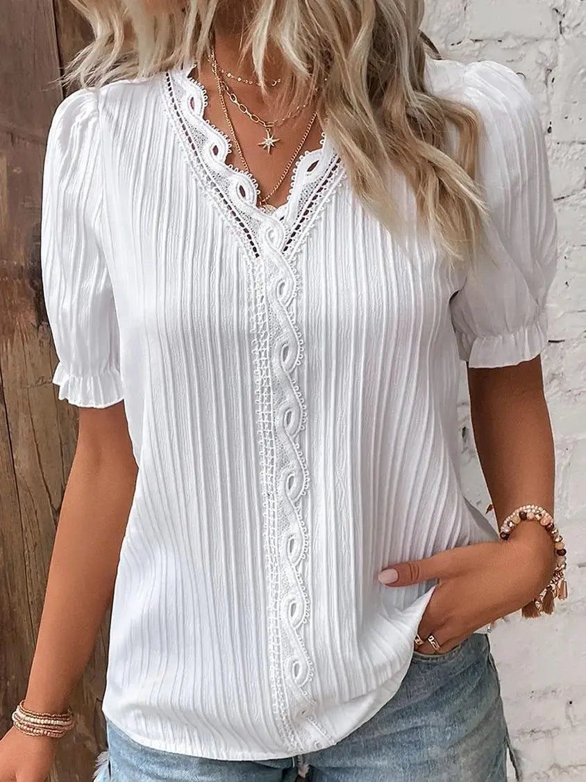 Elegant Women Blouse Shirt V Neck Lace Patchwork Short Sleeve Shirts For Women Summer Lady Tops White