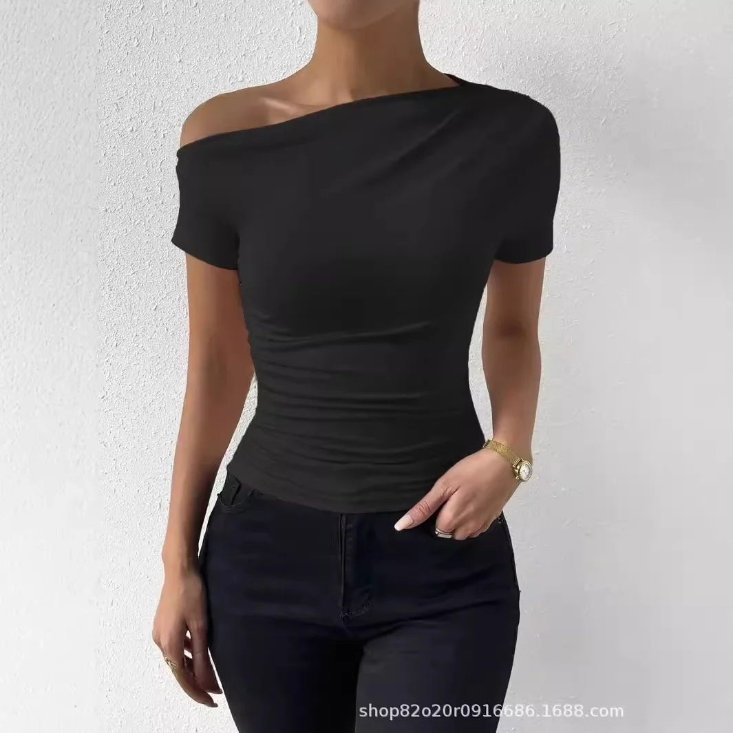 2026 New Women's Off-Shoulder Pleated Top Summer Y2K Sexy Crew Neck Short Sleeve Fashionable Elegant Slim-Fit Top