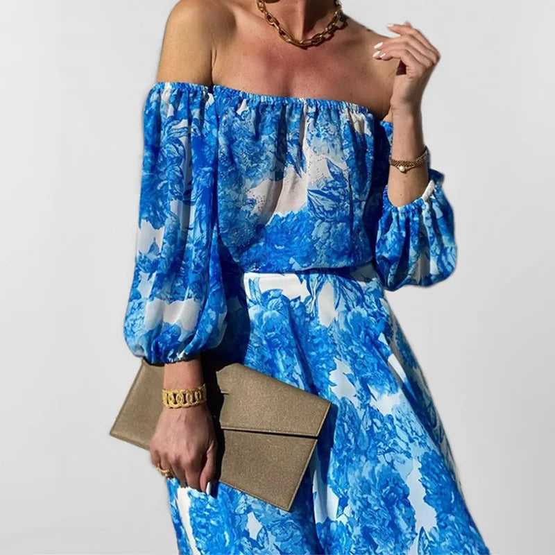 VEITCHE Summer Sexy Off Shoulder Women Long Dress Vacation Style Blue Printed High Waist Bubble Sleeve Sexy Maxi Dresses