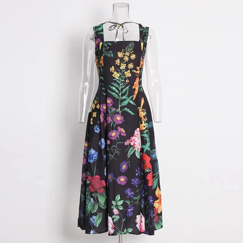 2025 Spring Summer New Fashion Women's Dress Square Collar Backless Sexy Floral Print Tie-Back Large Hem Casual Out Wear Dress