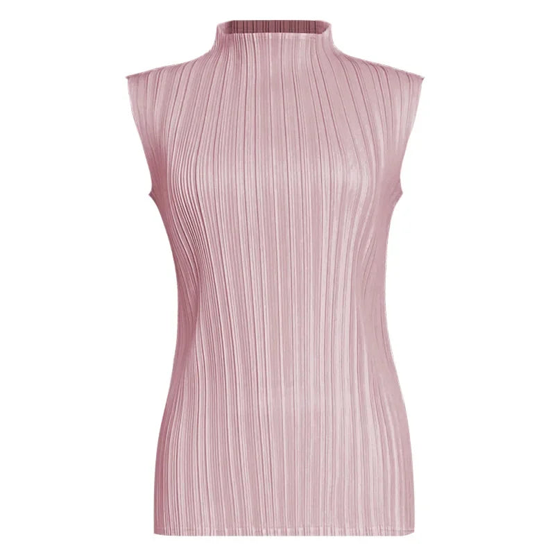 Miyake Pleated Elegant Fashion Temperament Solid Color Half High Neck Sleeveless Women's Vest 2023 Summer New Breathable Top