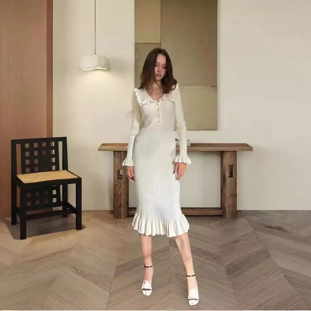 2024 New Autumn Winter Elegant Women Knit Maxi Dress Ruffled Patchwork Pearl button Ribbed Sleeve Party Bodycon Long Dress
