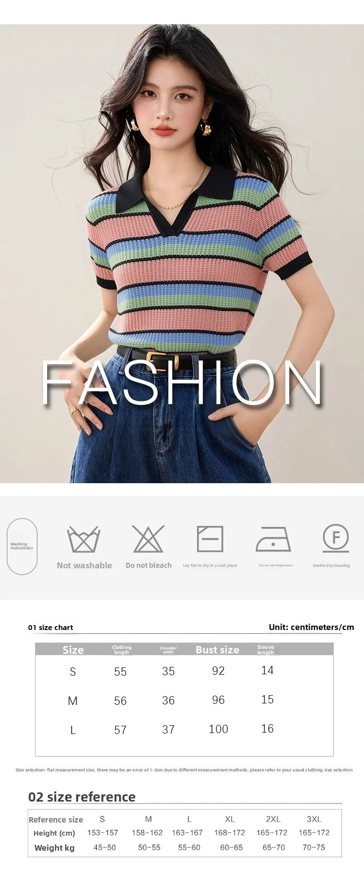 Color-block Striped V-neck Sweet Chic Cropped Top, Women's Fashion Casual Polo Shirt, Korean Style Trendy Casual Women's T-shirt
