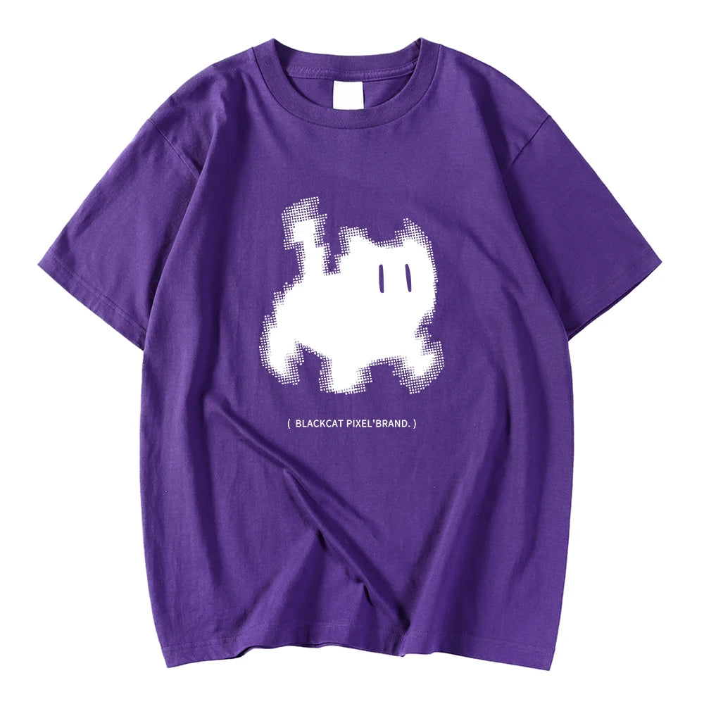 Korean Fashion Womens T-Shirts Black Cat Pixel Cartoons Printing Tops Comfortable Soft O-Neck Loose Short Sleeve Female Clothes