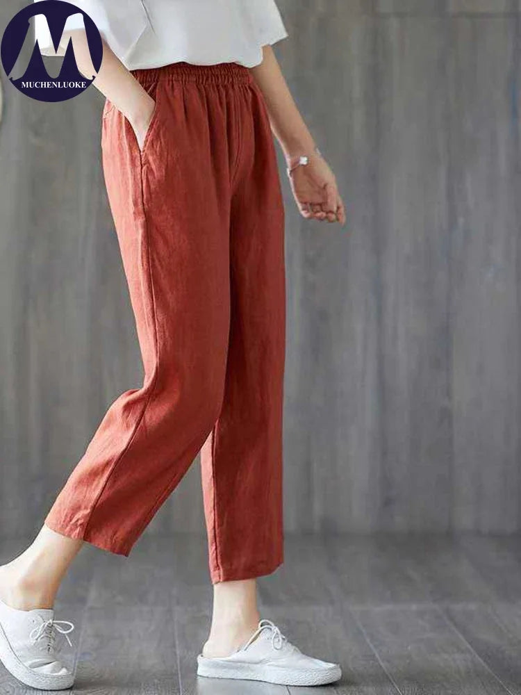 Summer Solid High-Waisted Elastic Waist Pants for Women Korean Fashion Casual Loose Haren Streetwear