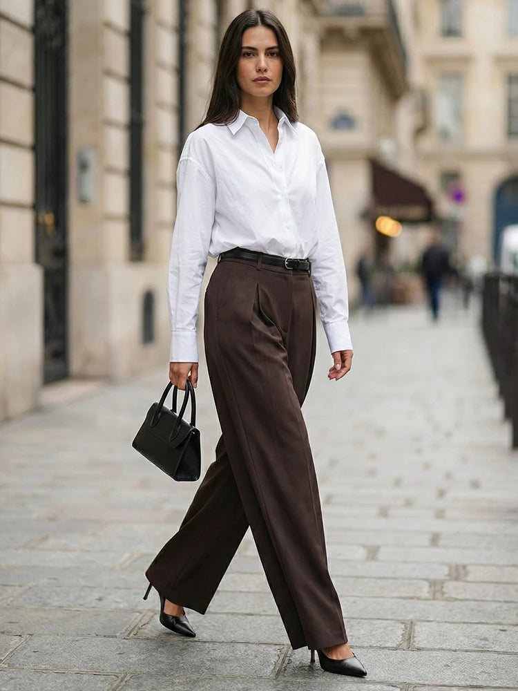 Willshela Women Fashion With Belt Coffee Front Zipper Pleated Wide Leg Pants Vintage Mid Waist Full Length Female Chic Trousers