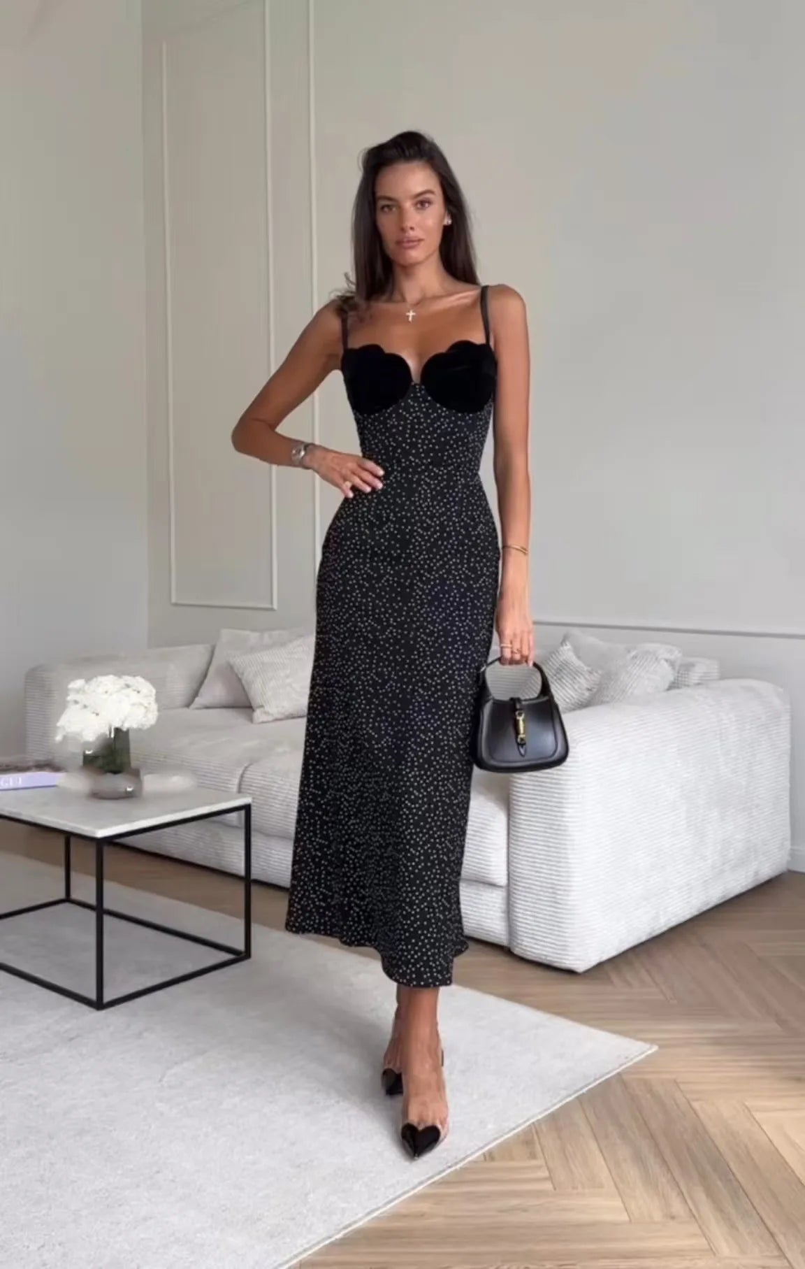 VEITCHE 2025 Summer Female Sexy Sleeveless Suspenders Polka Black Dot Print Long Dress Women Party Straps A-Line Vestidos