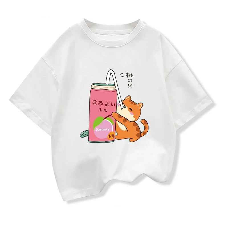 Cute Cat Drinking Milk Tea Casual Clothes Tops Harajuku Funny Cartoon Short Sleeve T-shirt Boys Girls Loose Tee Tops