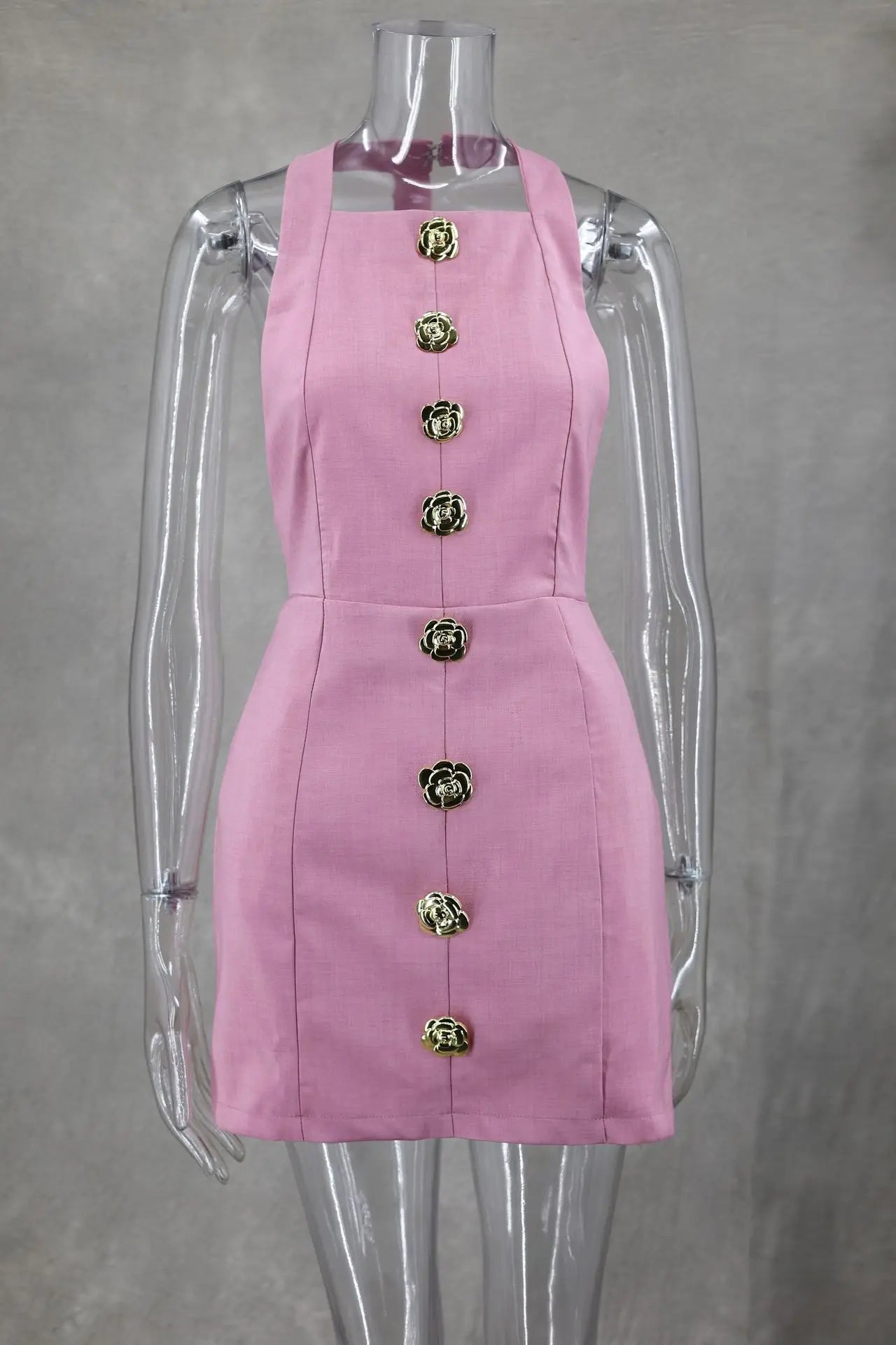 Sexy Cut Out Rose Button Halter Mini Dress Women Fashion Sleeveless Backless Party Dresses 2025 Summer Elegant Female Vestidos