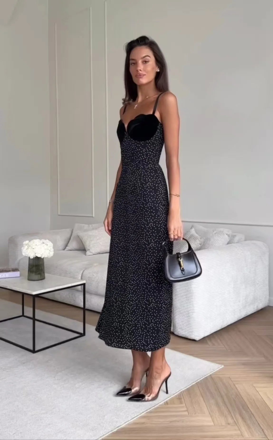 VEITCHE 2025 Summer Female Sexy Sleeveless Suspenders Polka Black Dot Print Long Dress Women Party Straps A-Line Vestidos
