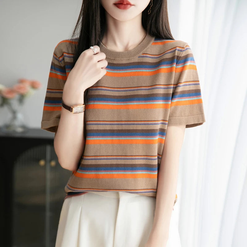 Women's summer new 100% pure cotton knitted short sleeved casual striped T-shirt loose round neck top fashionable pullover