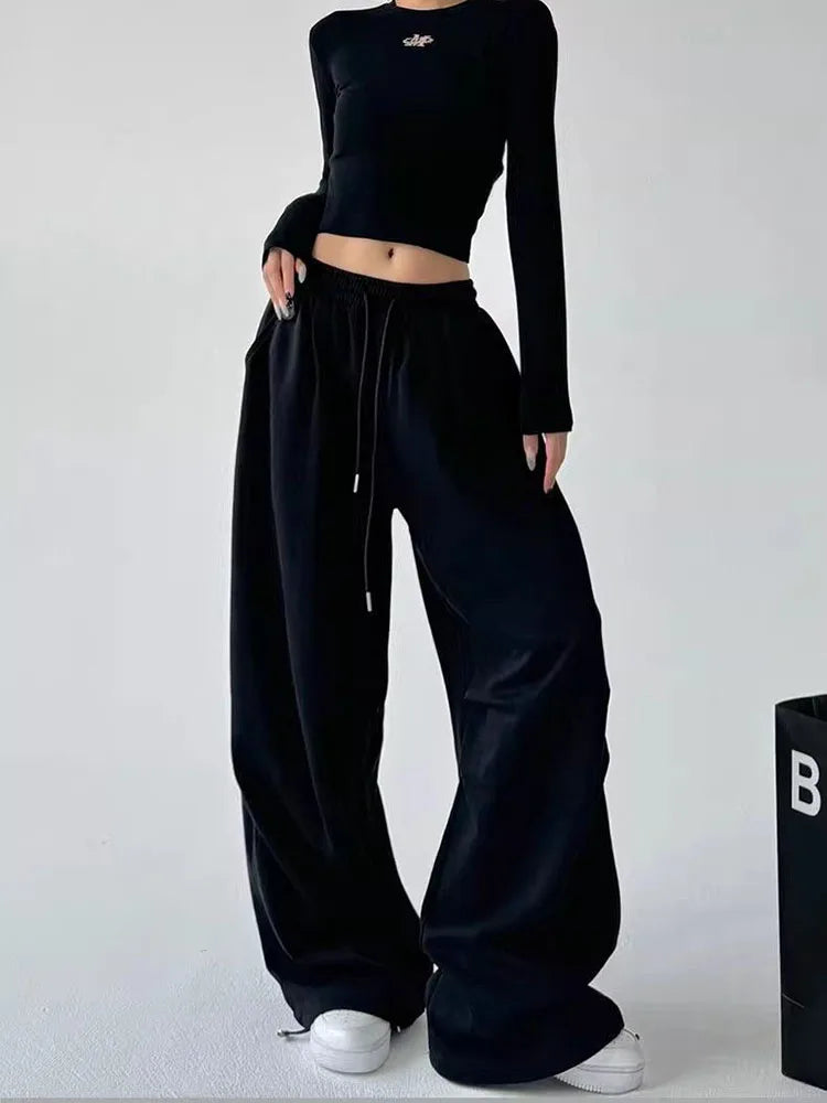 Korean Fashion Wide Leg Loose Sweatpants Women High Waist Drawstring Gray Sports Pants Y2K Streetwear Baggy Oversize Trousers