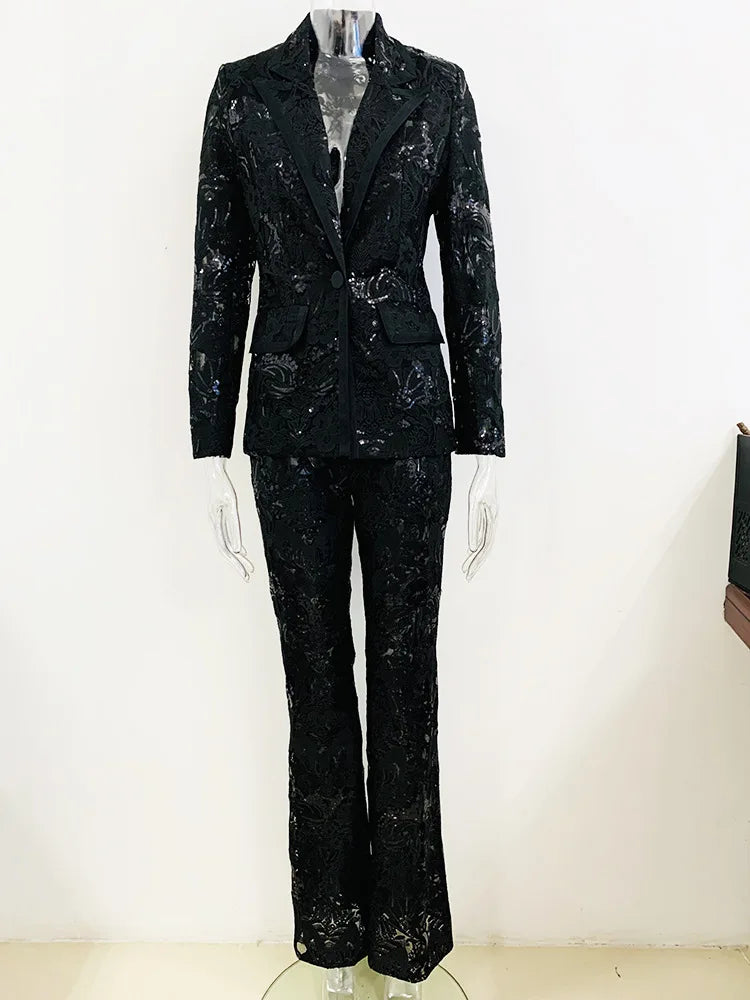 JAMERARY New Fashion Mesh Embroidered Blazers Jackets Wide Leg Pants Sequins Suit Coat Women Pants White Lace Two Piece Set