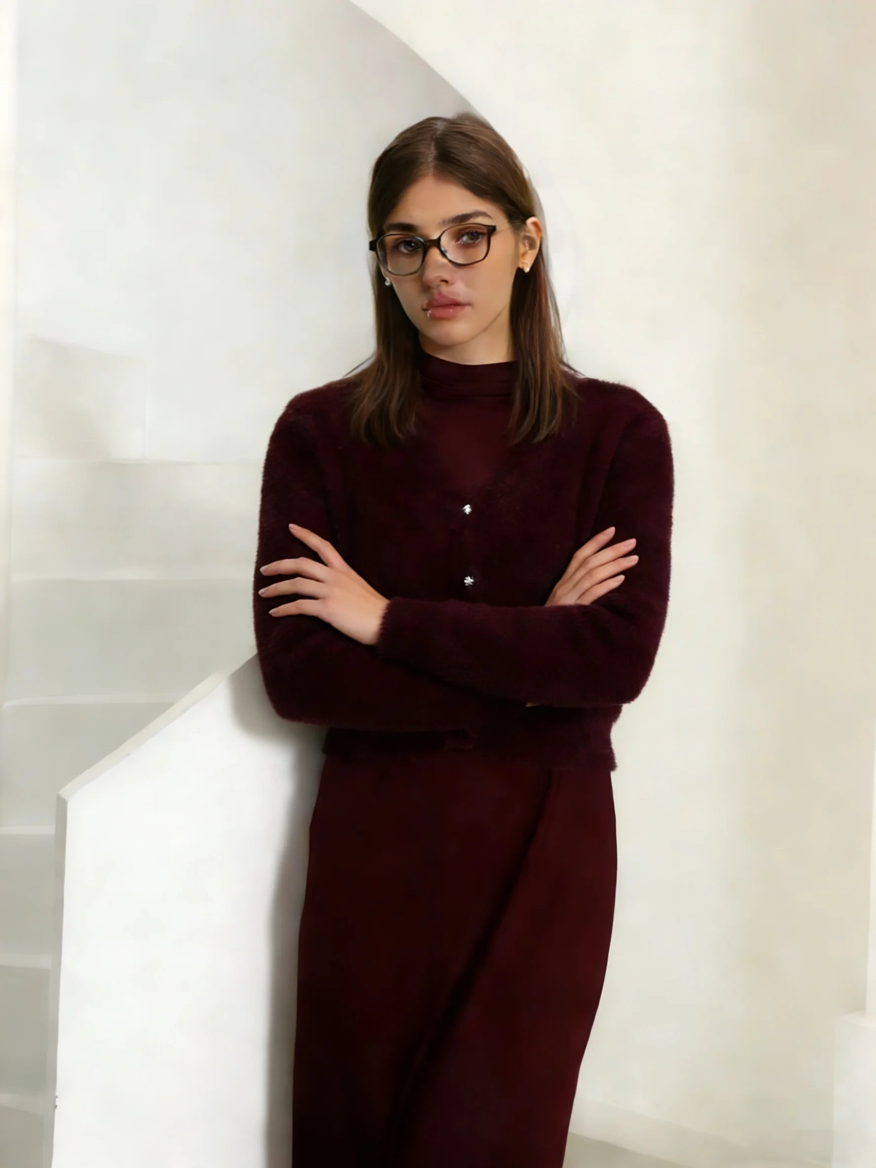 2026 Autumn Winter Women Wine Red Thick Warm Coat Long Sleeve V-neck Soft Fleece Jacket Precious Bright diamond button Warm Wear