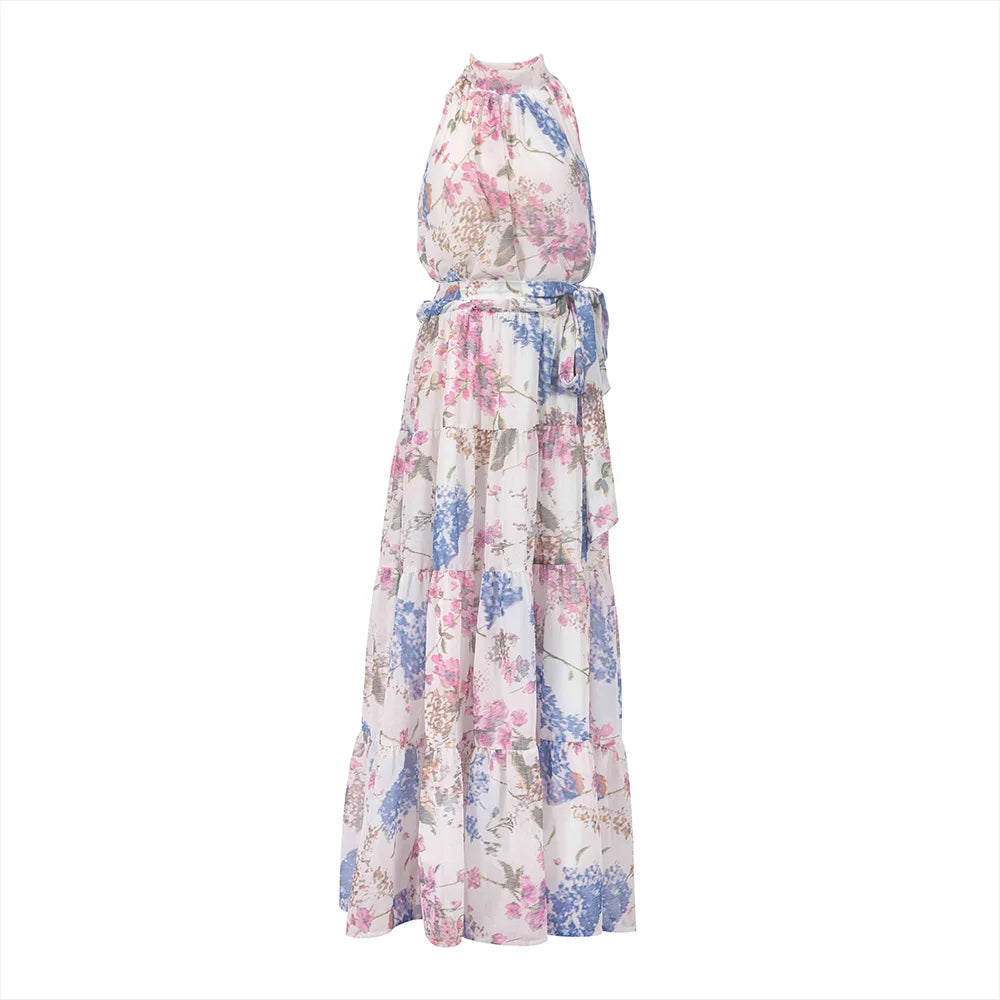 CHCH Women's Summer New Style Hanging Neck Flower Printed Long Dress