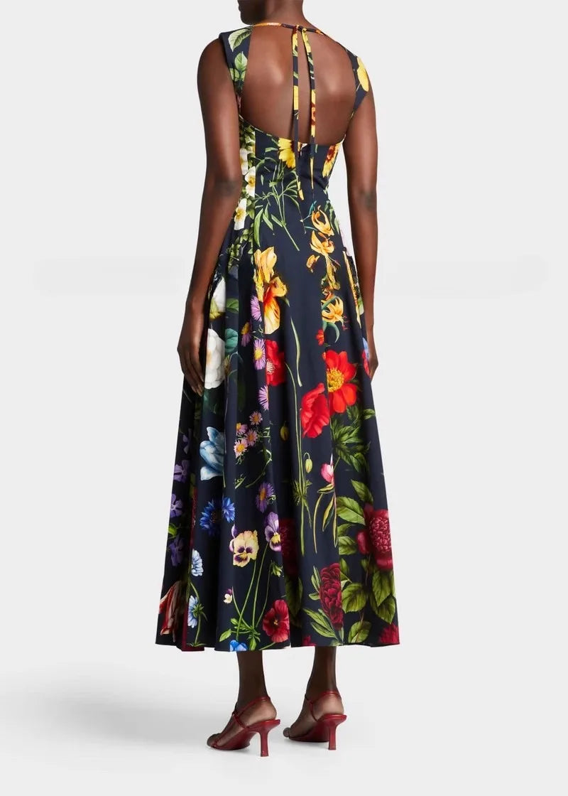 2025 Spring Summer New Fashion Women's Dress Square Collar Backless Sexy Floral Print Tie-Back Large Hem Casual Out Wear Dress