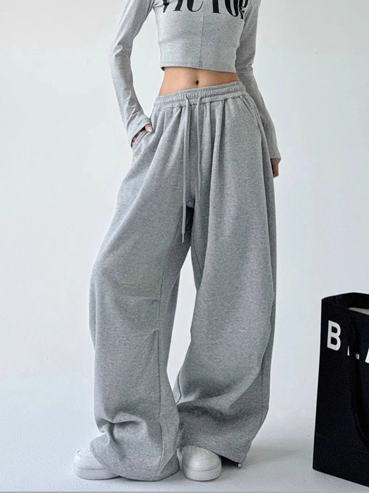 Korean Fashion Wide Leg Loose Sweatpants Women High Waist Drawstring Gray Sports Pants Y2K Streetwear Baggy Oversize Trousers