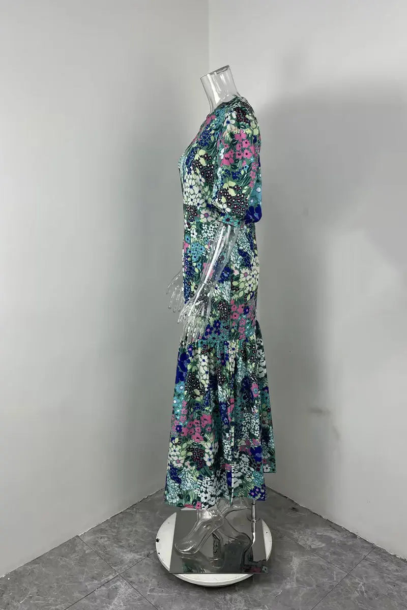 VEITCHE Summer Elegant Women Blue Flower Print Dress Lantern Sleeve And Ankle  Slim Bodycon O-neck Pastoral Style Party Dress