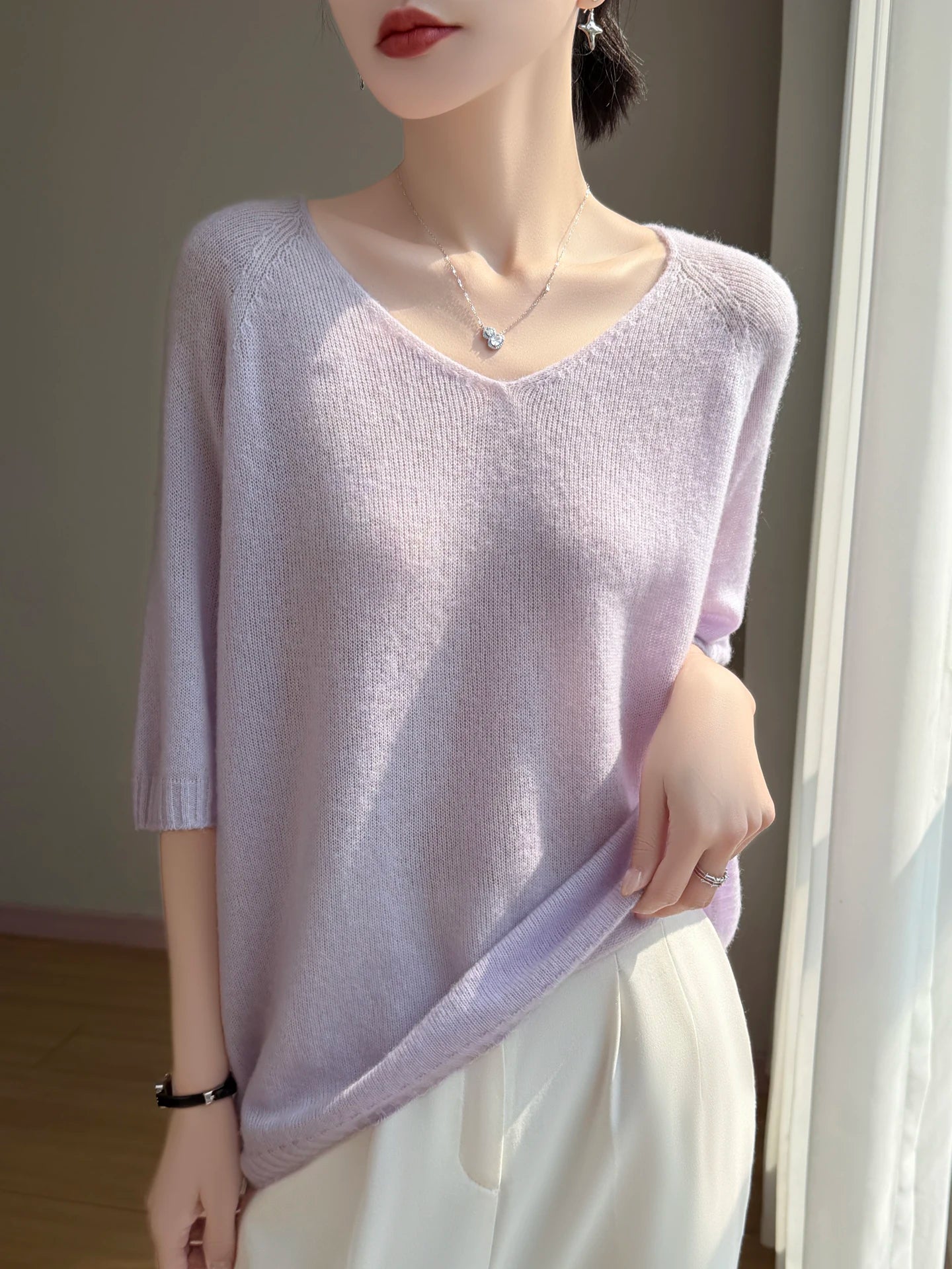Basic Spring Summer Women's T-Shirts Wool Blend Female Knitwear Loose Pullover Cozy Blouse Half Sleeve Clothing Plus Size Tops