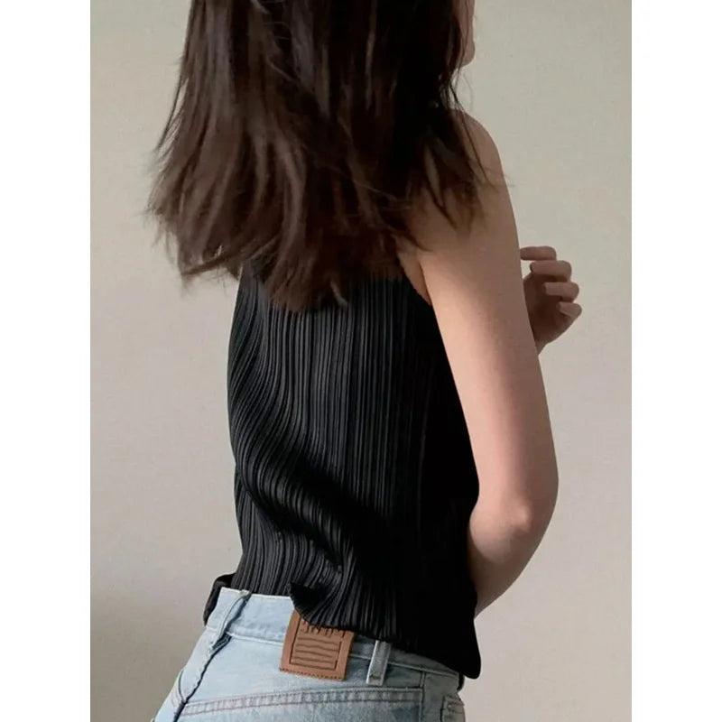 Miyake Pleated Elegant Fashion Temperament Solid Color Half High Neck Sleeveless Women's Vest 2023 Summer New Breathable Top
