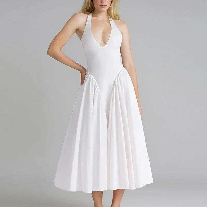 Summer French Style Women Party Dress Socialite Deep V Neck Long Dress Sexy Halter Gathered Waist Slim Fit Solid color Gown