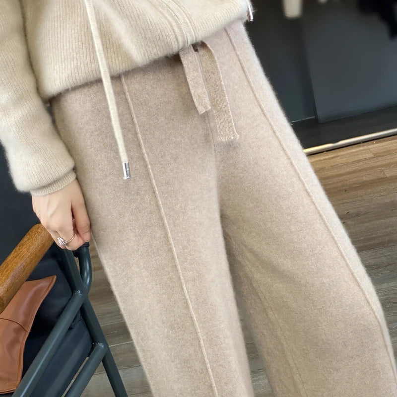 New Women Autumn Winter Wide-Leg Pants 100% Merino Wool High Waist Trousers High Quality Soft Casual Straight Leg Slacks Popular