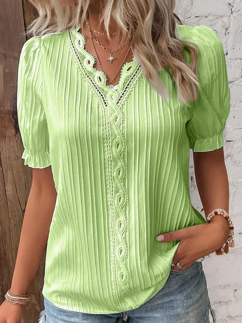 Elegant Women Blouse Shirt V Neck Lace Patchwork Short Sleeve Shirts For Women Summer Lady Tops White