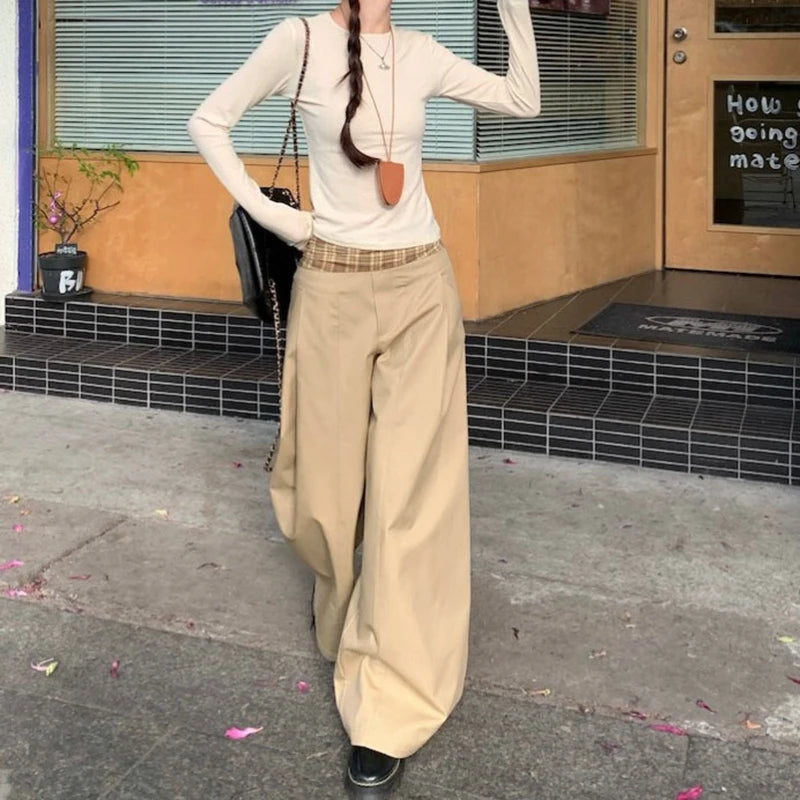 American Retro Khaki Casual Pants for Women 2026 Spring Plaid Patchwork Wide Leg Pants Women Loose High Waisted Long Trousers